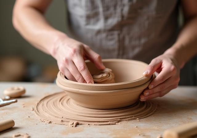 Adult student hand-building a ceramic bowl from clay slabs
