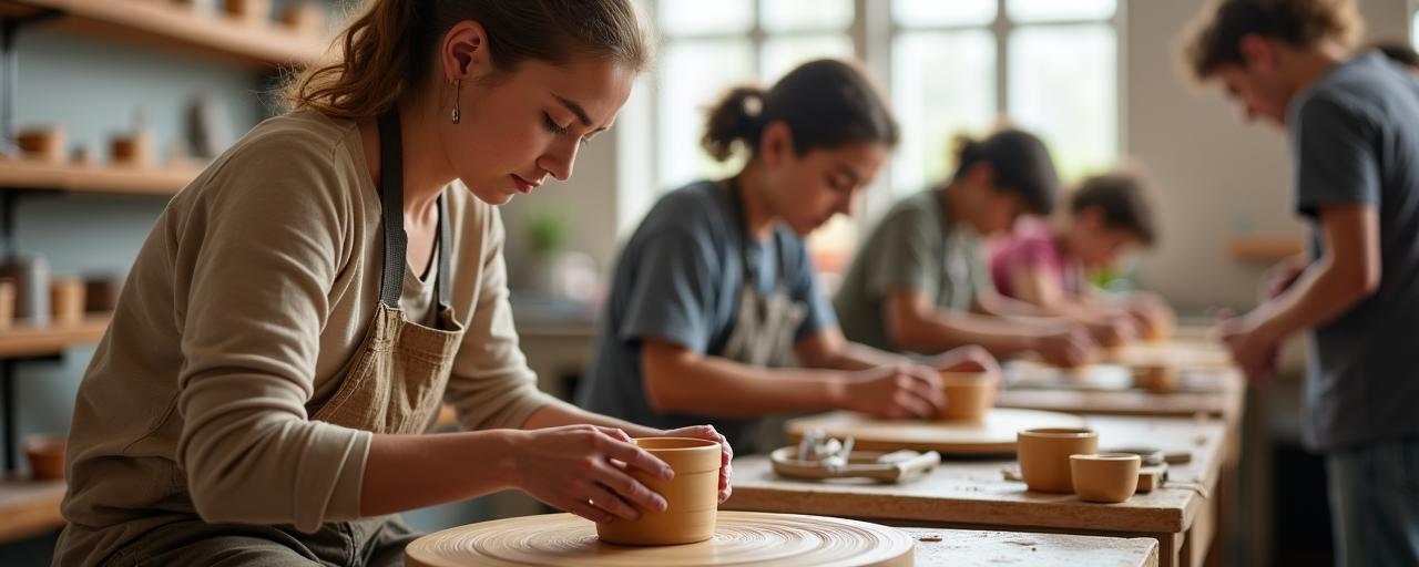 Students working at pottery wheels in the Clay Whisper Studio, Dublin 2