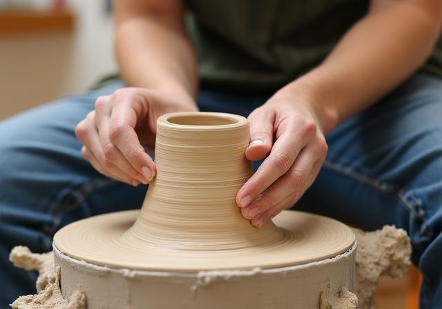 Beginner student learning wheel throwing at the pottery wheel